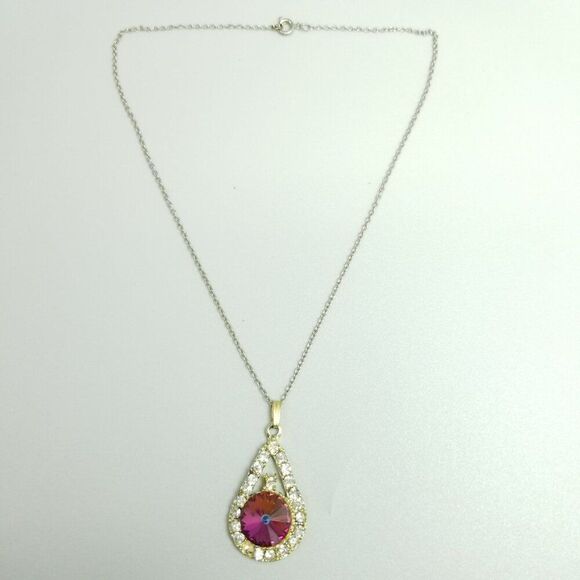 Vintage AB Rainbow Rhinestone Drop Shape Pendant Necklace, Silver Tone Chain - Picture 8 of 9